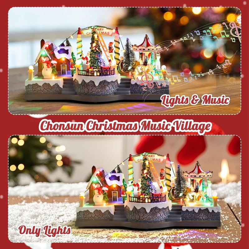 CHONSUN Christmas Village House 6.9 Inch Christmas Decorations Moving Train Carousel USB/3AA Batteries Holiday Snowman Music Village Indoor Lighted Figurines for Room Tabletop Decor - Image 5